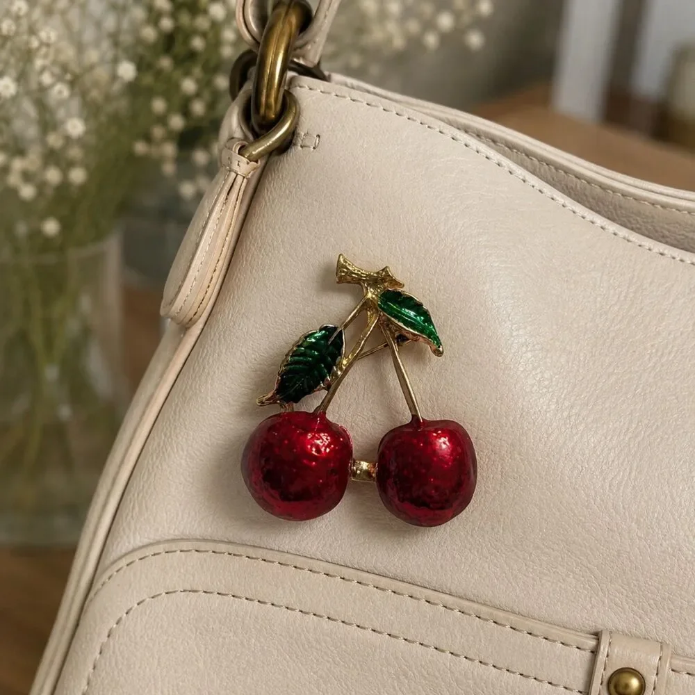 Vintage Cherry Brooch Pin, Red Enamel Fruit Brooch, Gold Tone, Retro Cottagecore